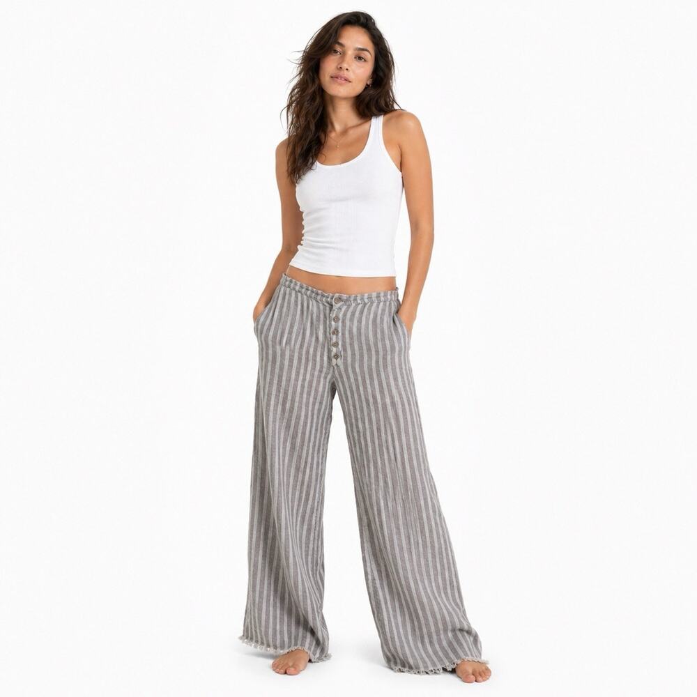 XCVI 100% Linen Grey Striped Pants Button Fly Lagenlook Boho Y2K READ Womens Med